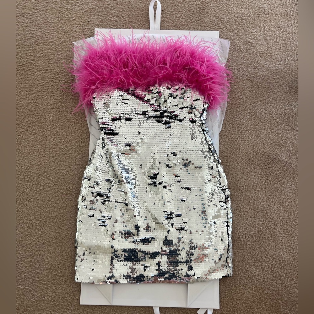 NWT Nadine Merabi Silver Feather Dress size SM.